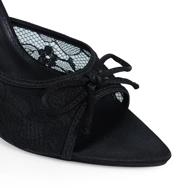 Lacey Pointed Toe Lace Bow Heels in Black