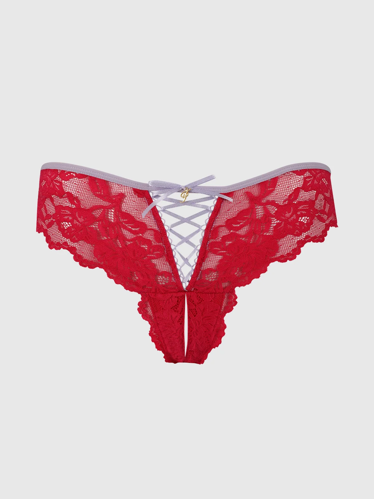 Mabel Lace-Up Front Crotchless Tanga in Lavender Raspberry