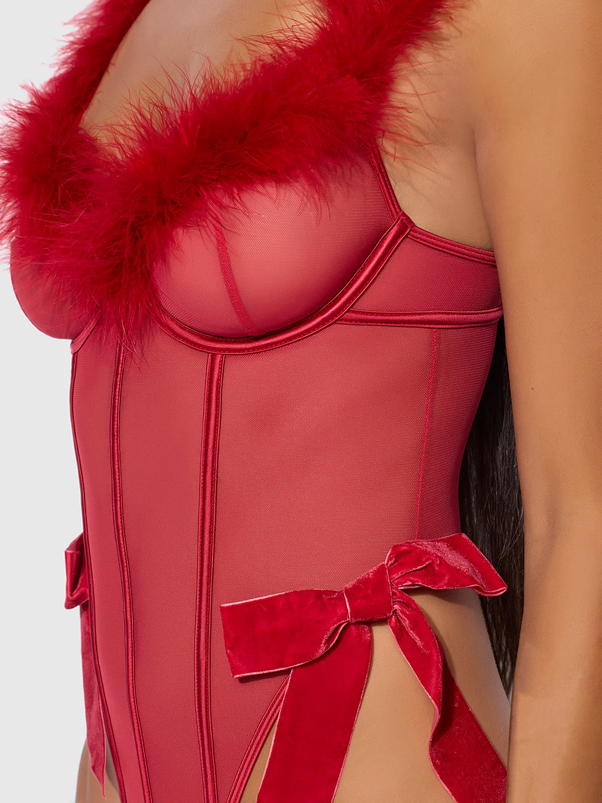 Scarlett Marabou & Mesh Teddy in Crimson Red