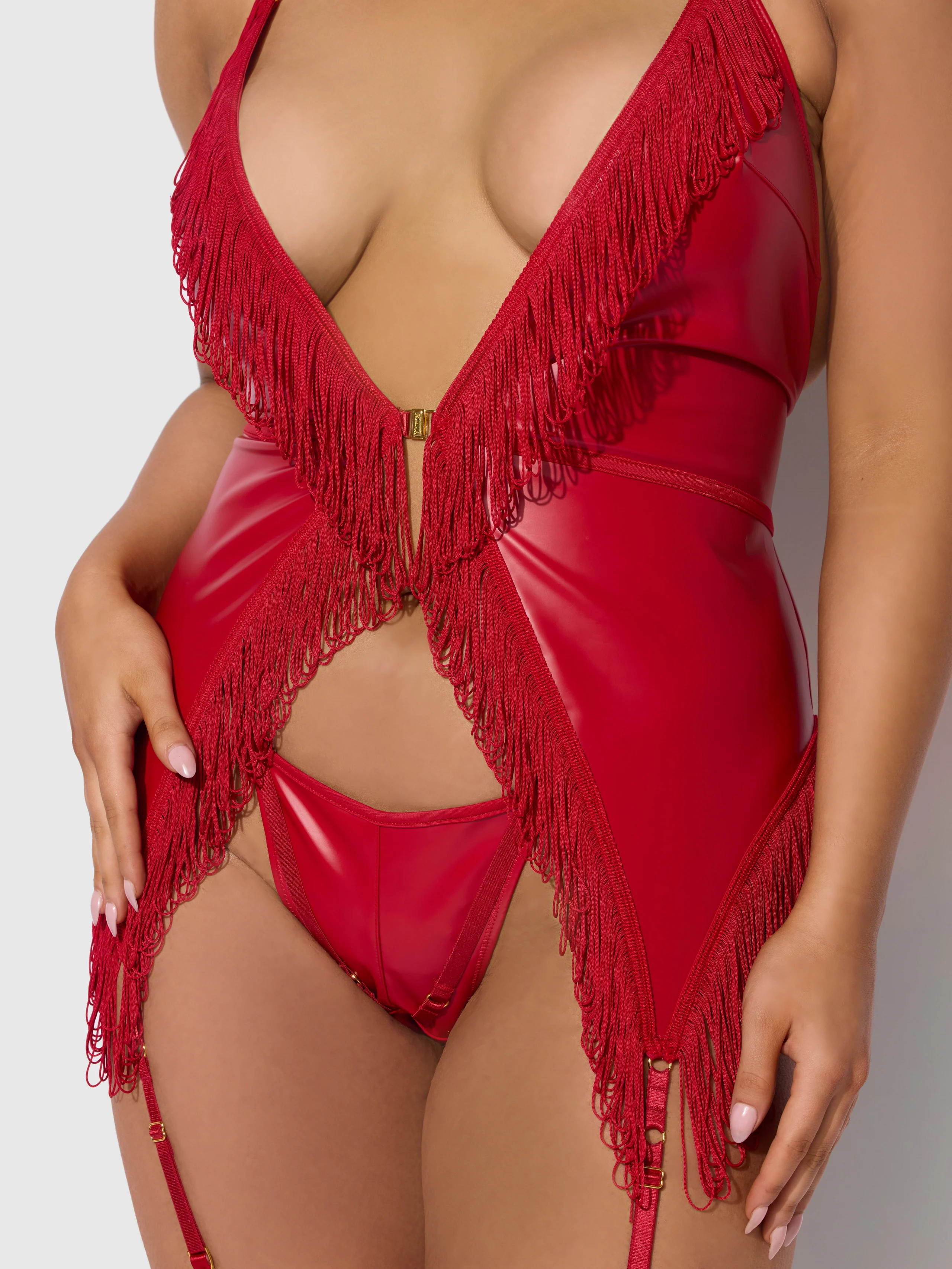 Hendrix Faux Leather & Fringe Chemise in Crimson Red
