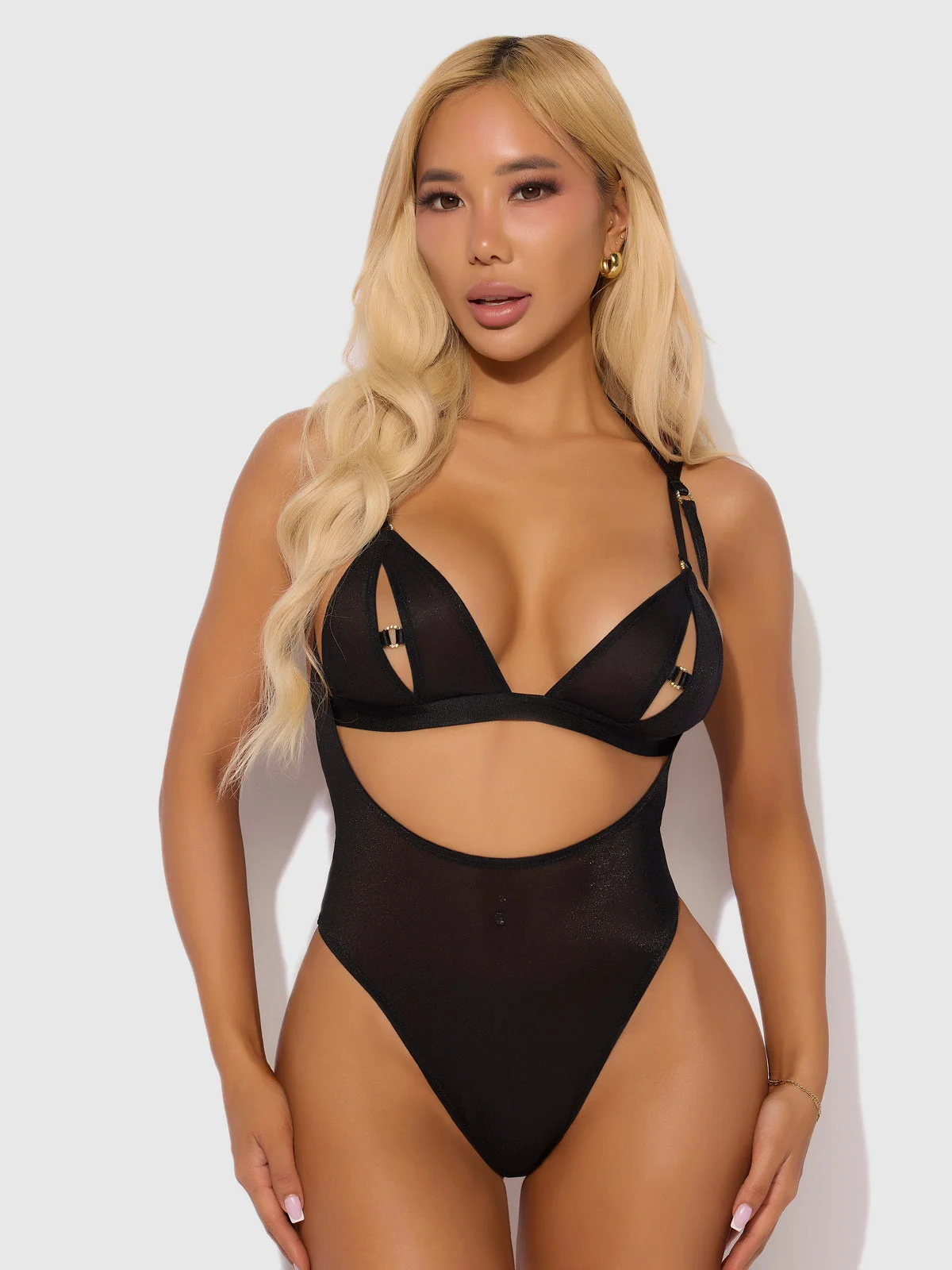 Pia Shine Mesh Open Cup Backless Teddy and Bralette Set in Black