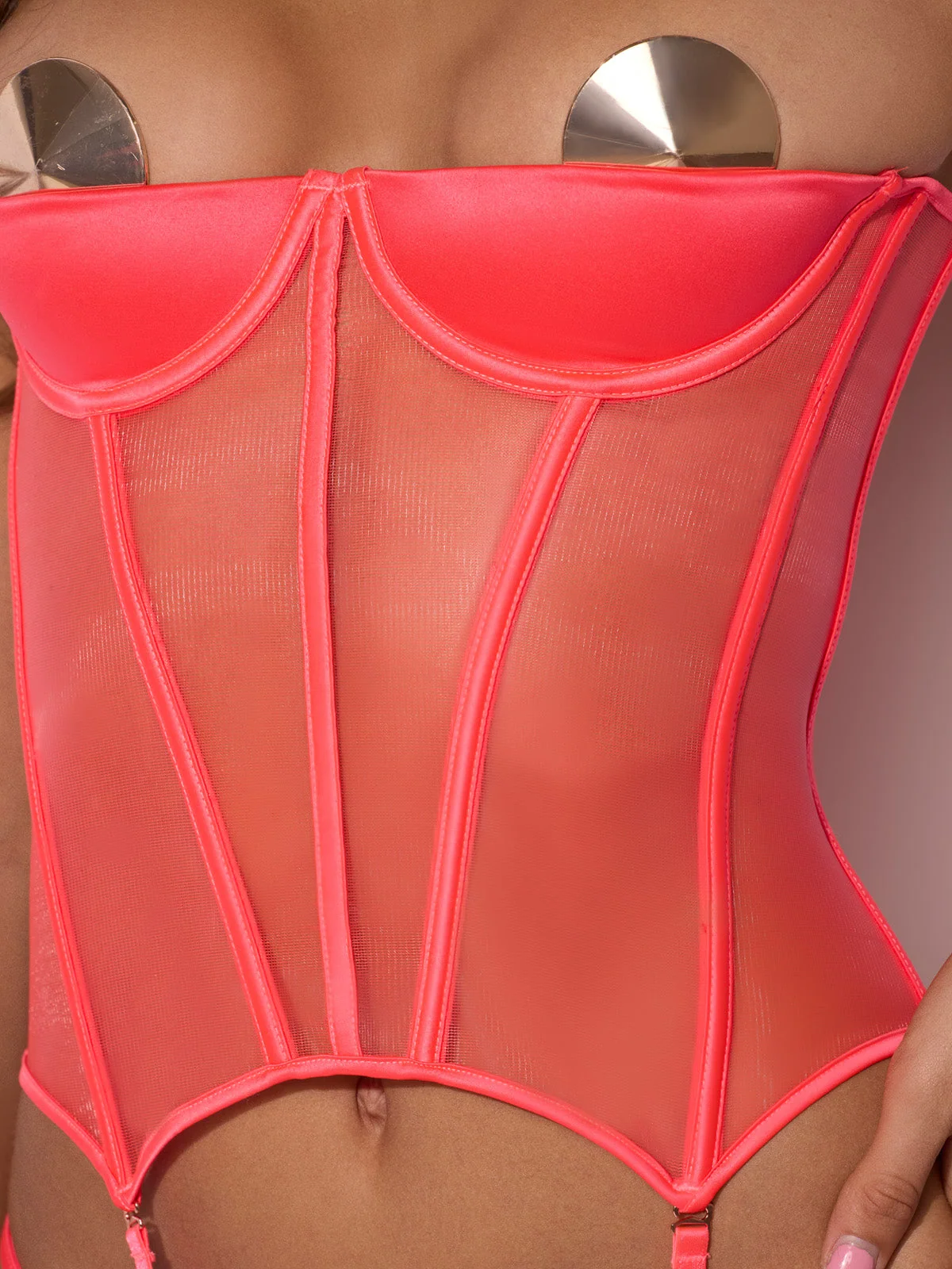 Frederick's of Hollywood Petra Satin Open Cup Corset in Coral