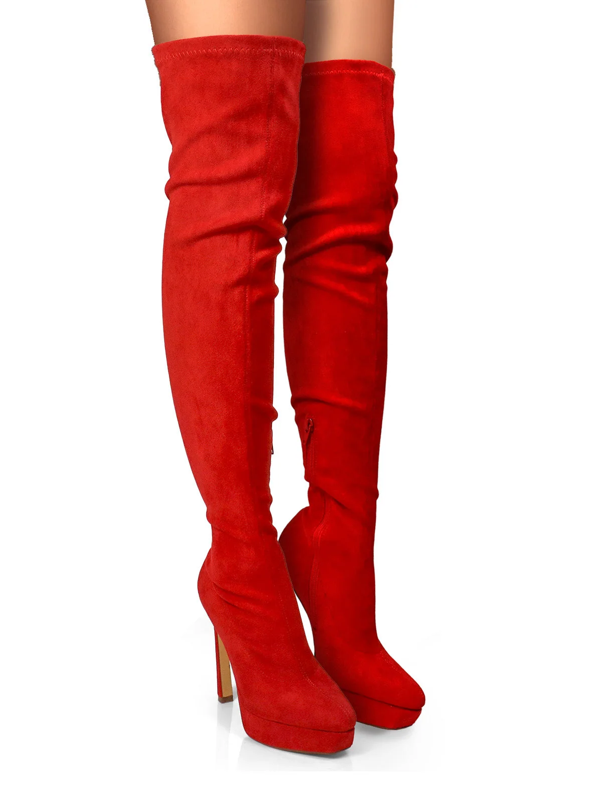 Jadore Stretchy Thigh High Boots in Red Suede