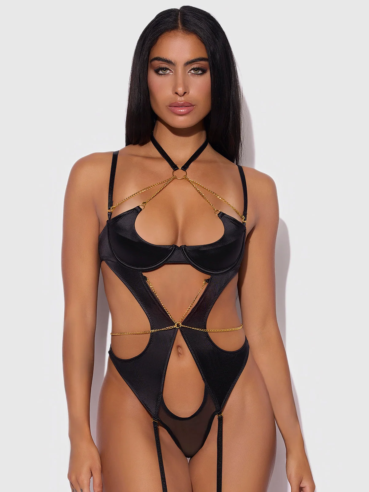 Emery Liquid Satin and Chain Halter Teddy in Black