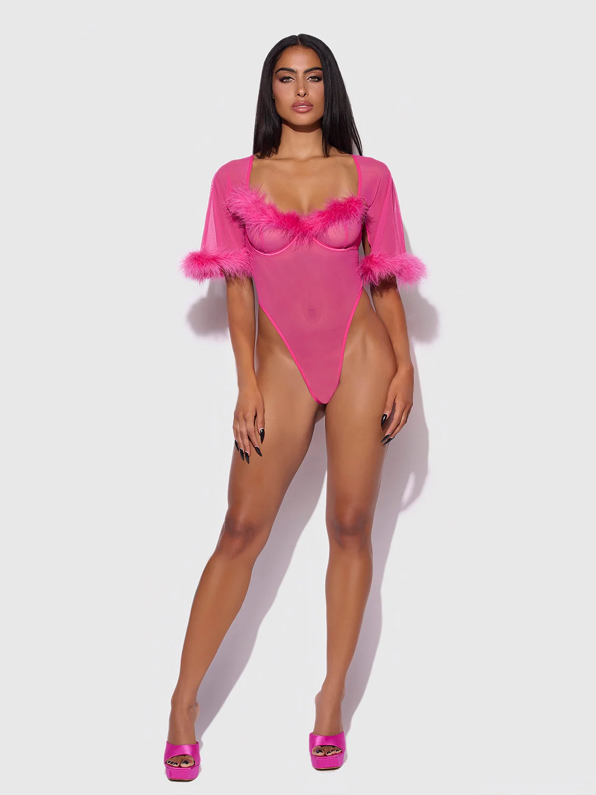 Scarlett Bell Sleeved Marabou Bodysuit in Pink Dragon