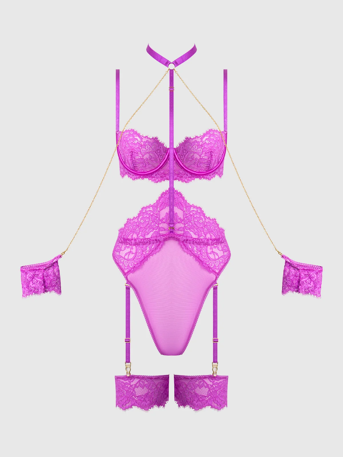Arianna Fuchsia Teddy with Chain Detail and Thigh Garters