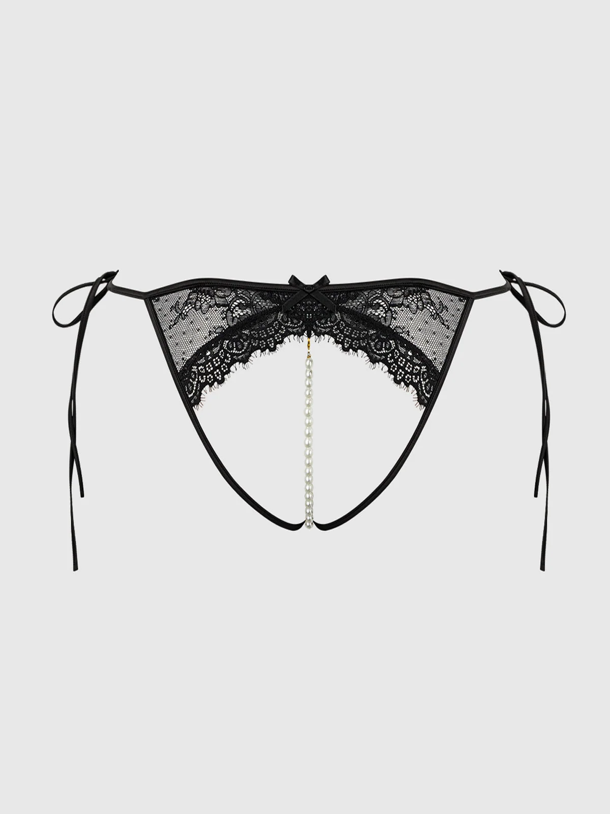 Rosalind Lace Crotchless Bikini with Pearl Ties in Black