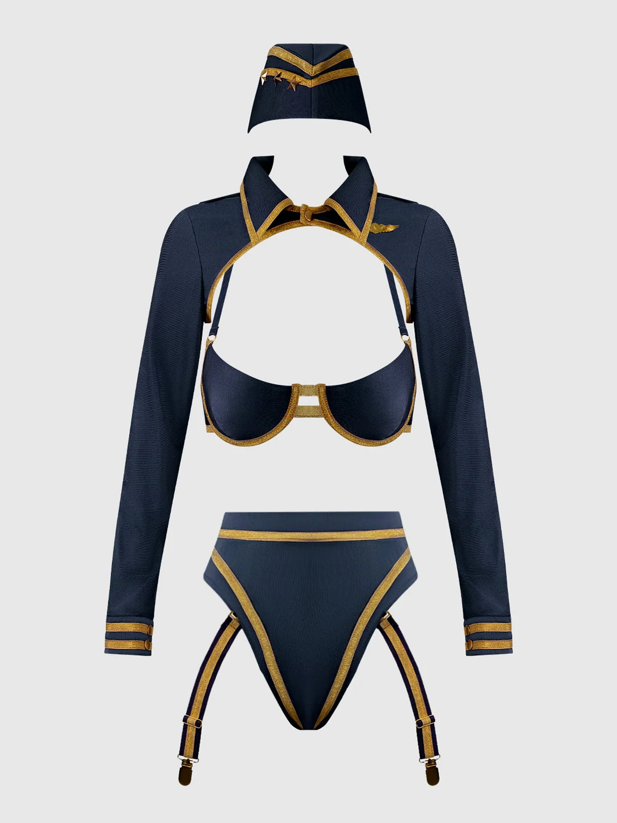 Flying High Pilot Bra Top, Hiwaist Panty & Hat Set for Bedroom Role Play