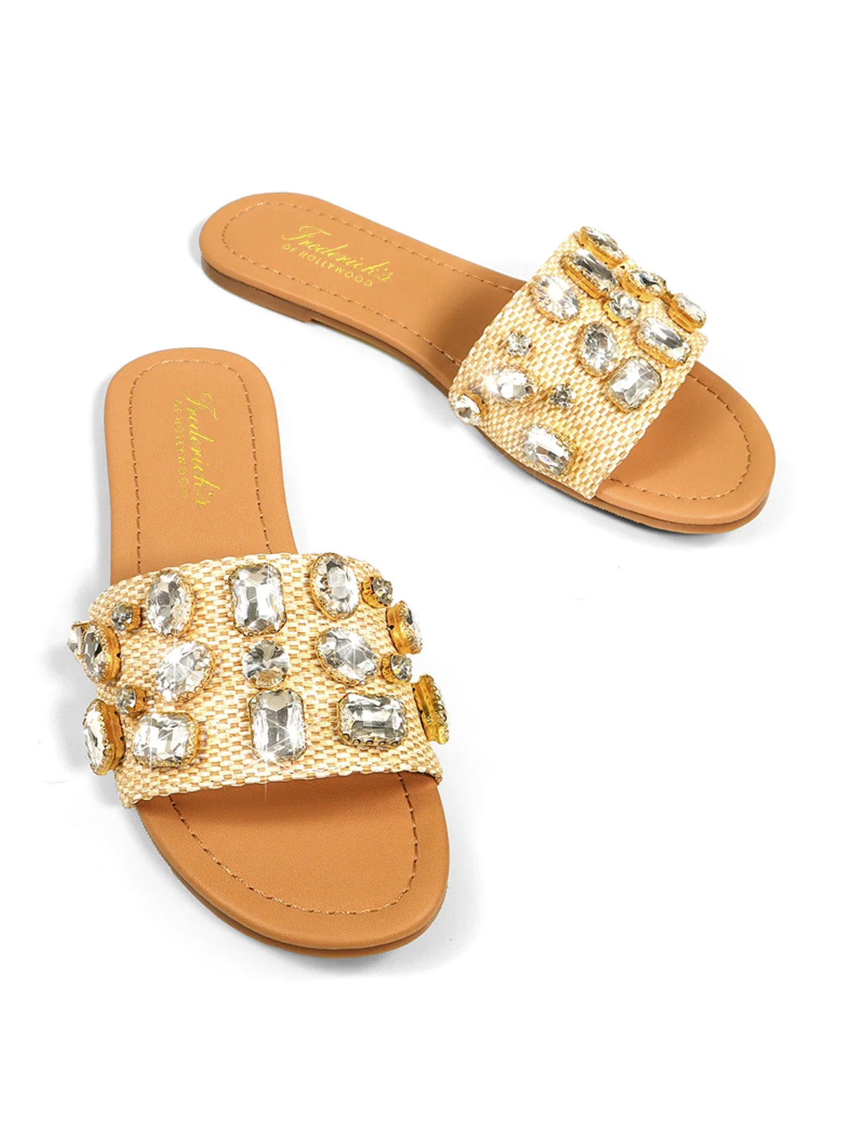 Delilah Open-Toe Flat Sandal with Rhinestones and Raffia Texture