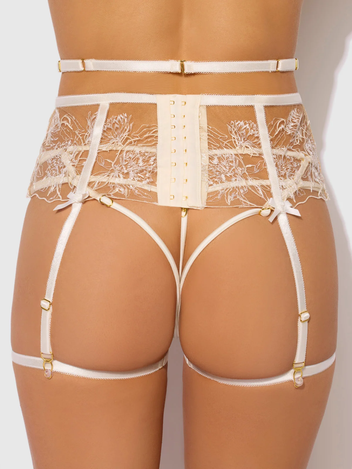 Delfina Embroidered Garter Belt With Thigh Garters in Pearl Ivory