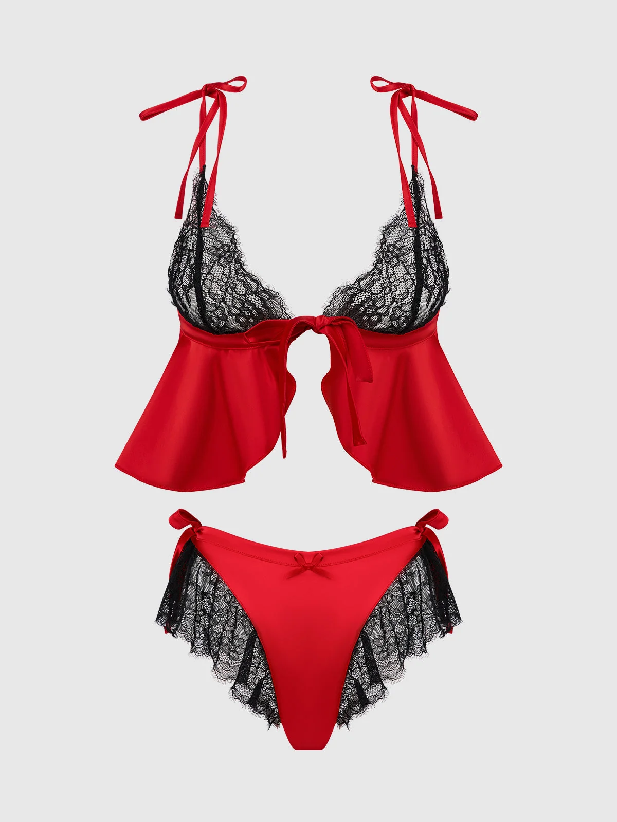 Scarlett Satin Sleep Tie Cami and Shorty Set in Crimson Red and Black