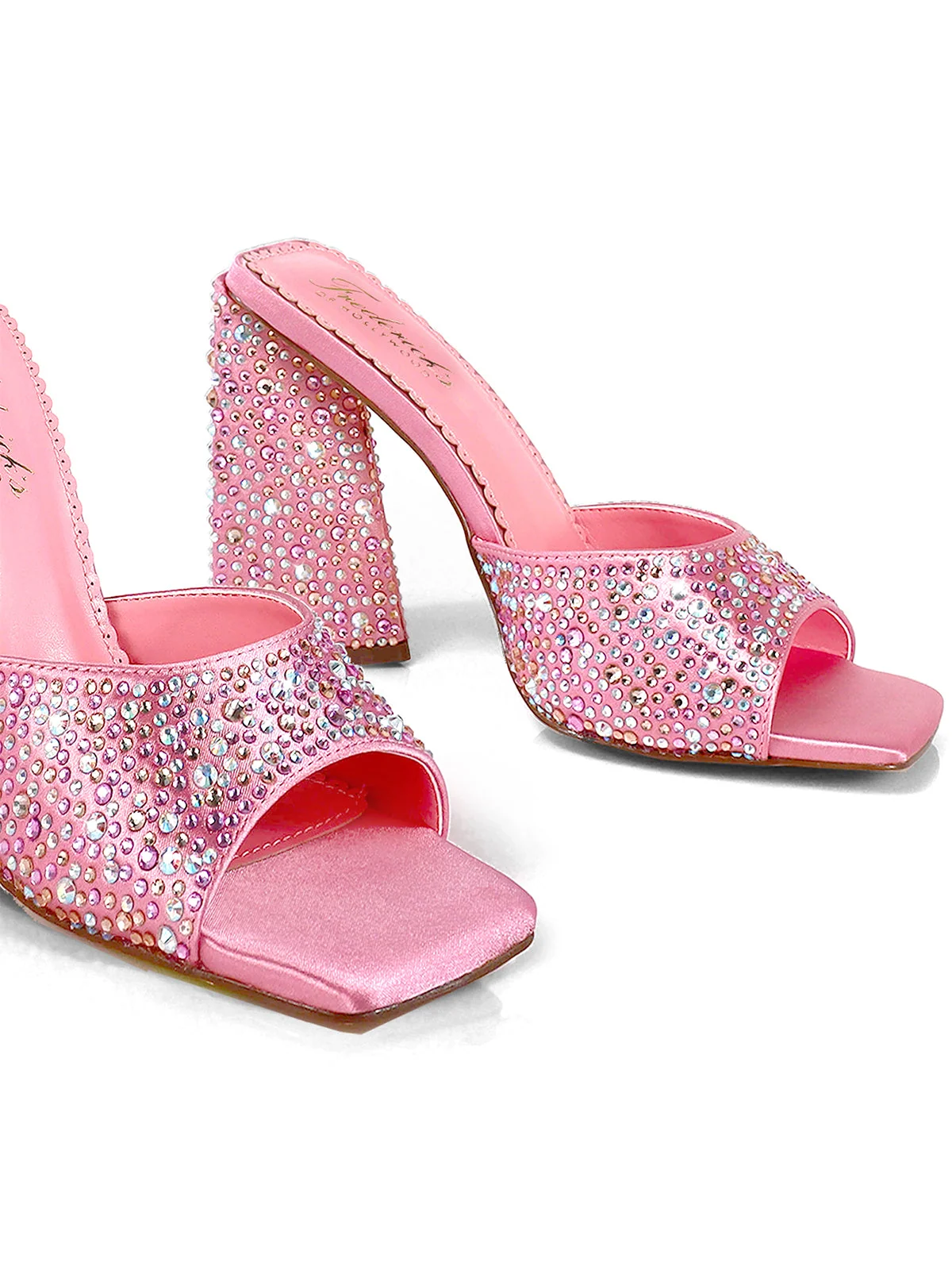 Darlene Mule Pink Satin Rhinestone Heels