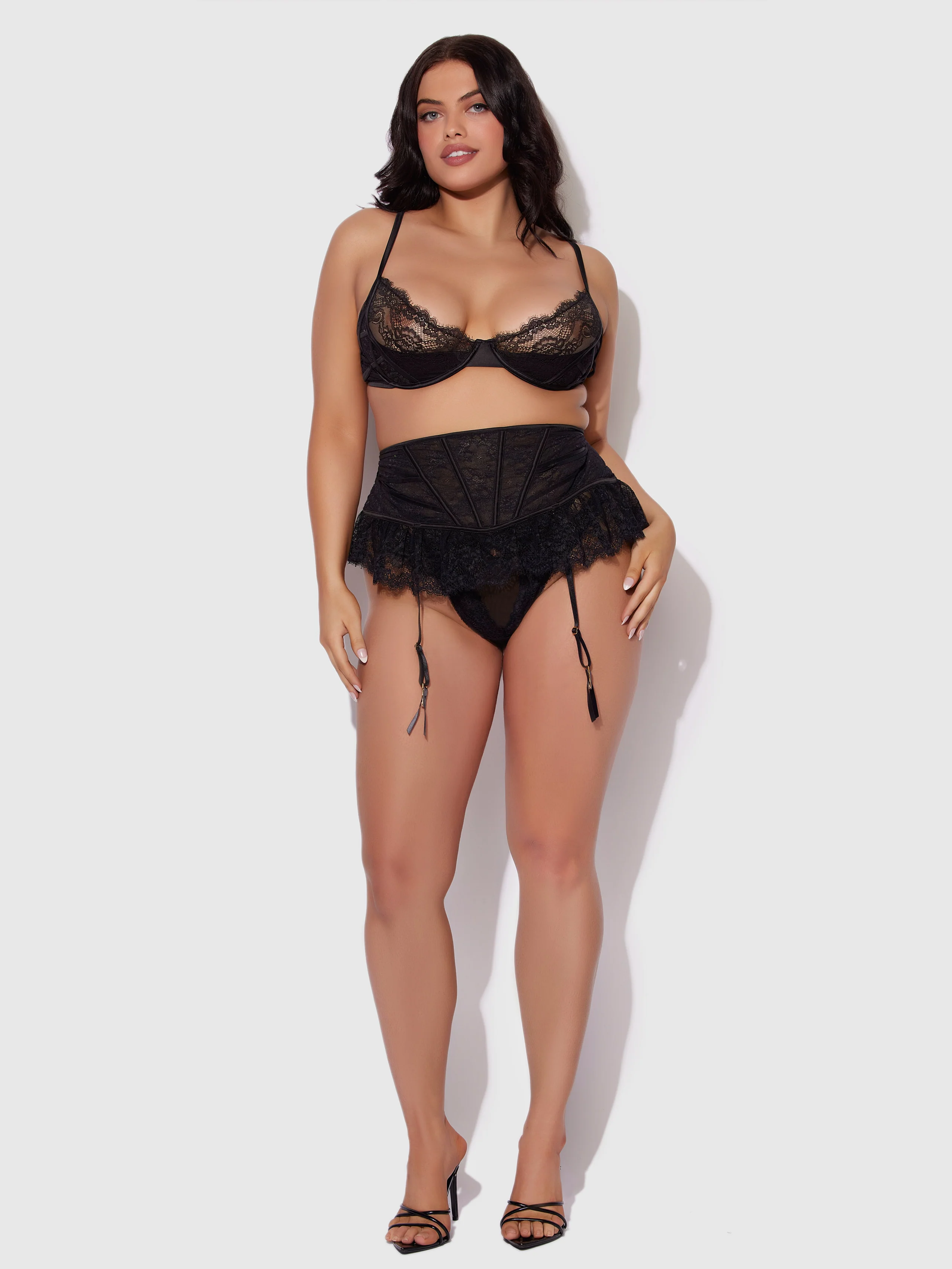 Adelaide Satin & Lace Garter Belt in Black