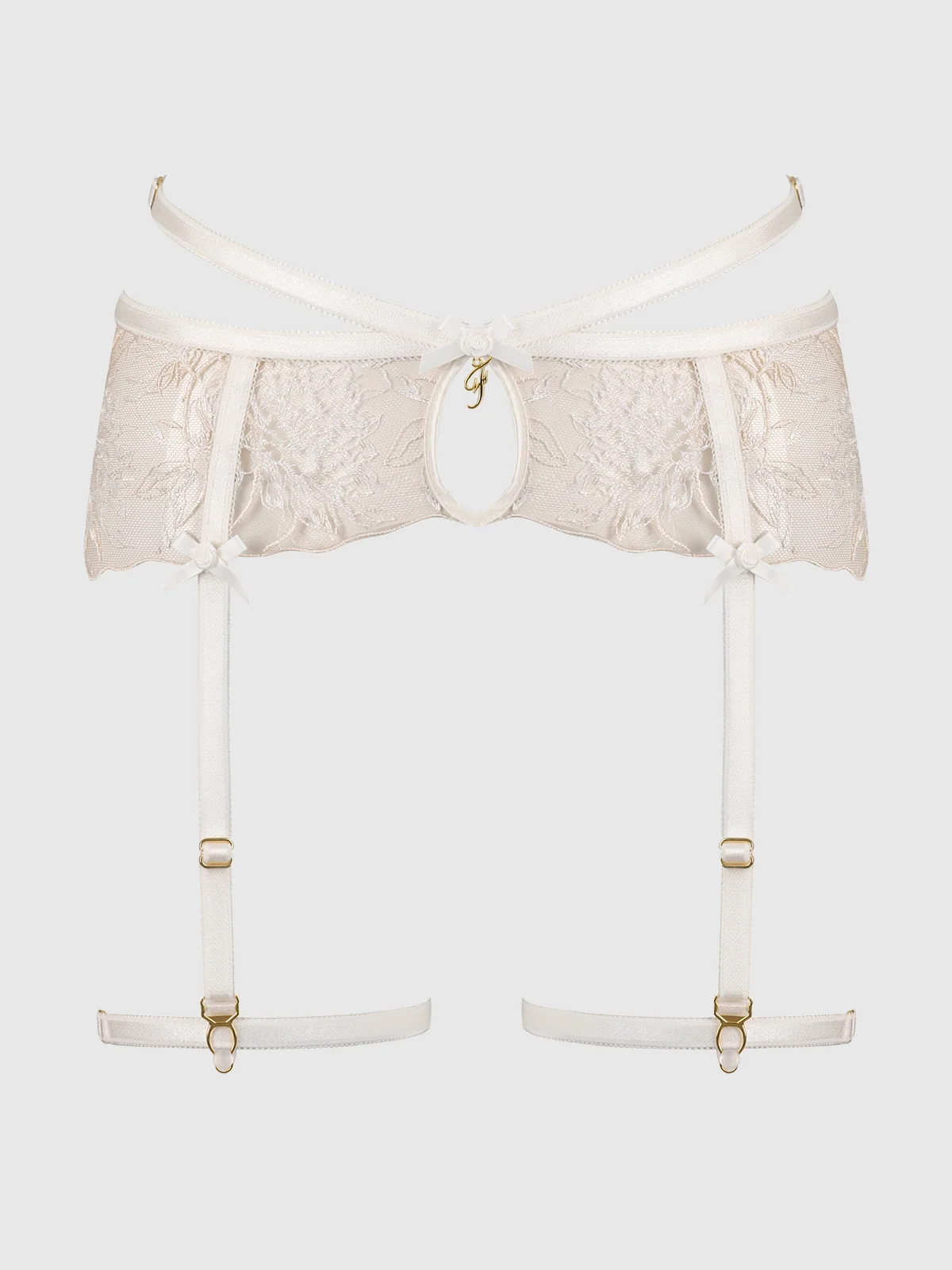Delfina Embroidered Garter Belt With Thigh Garters in Pearl Ivory