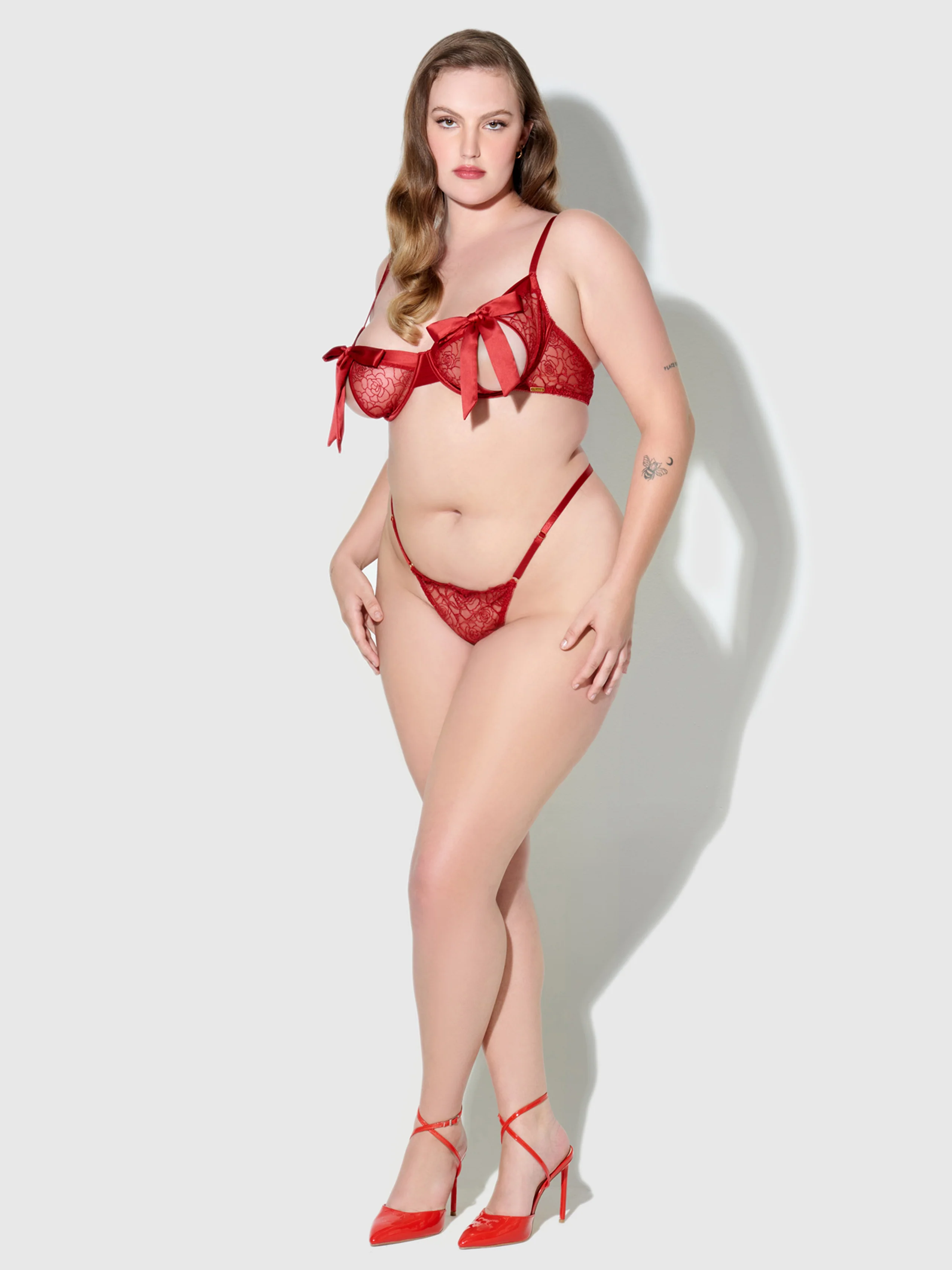 Melrose Satin Bow Tie Up Open Cup Bra in Crimson Red