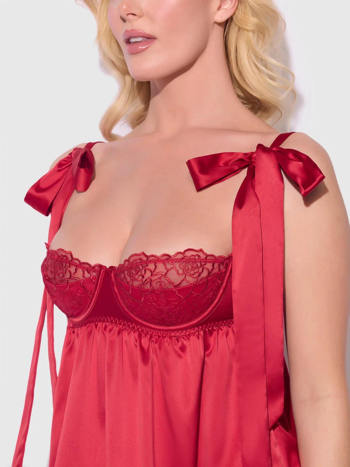Melrose Satin & Embroidered Lace Underwire Babydoll Set in Crimson Red
