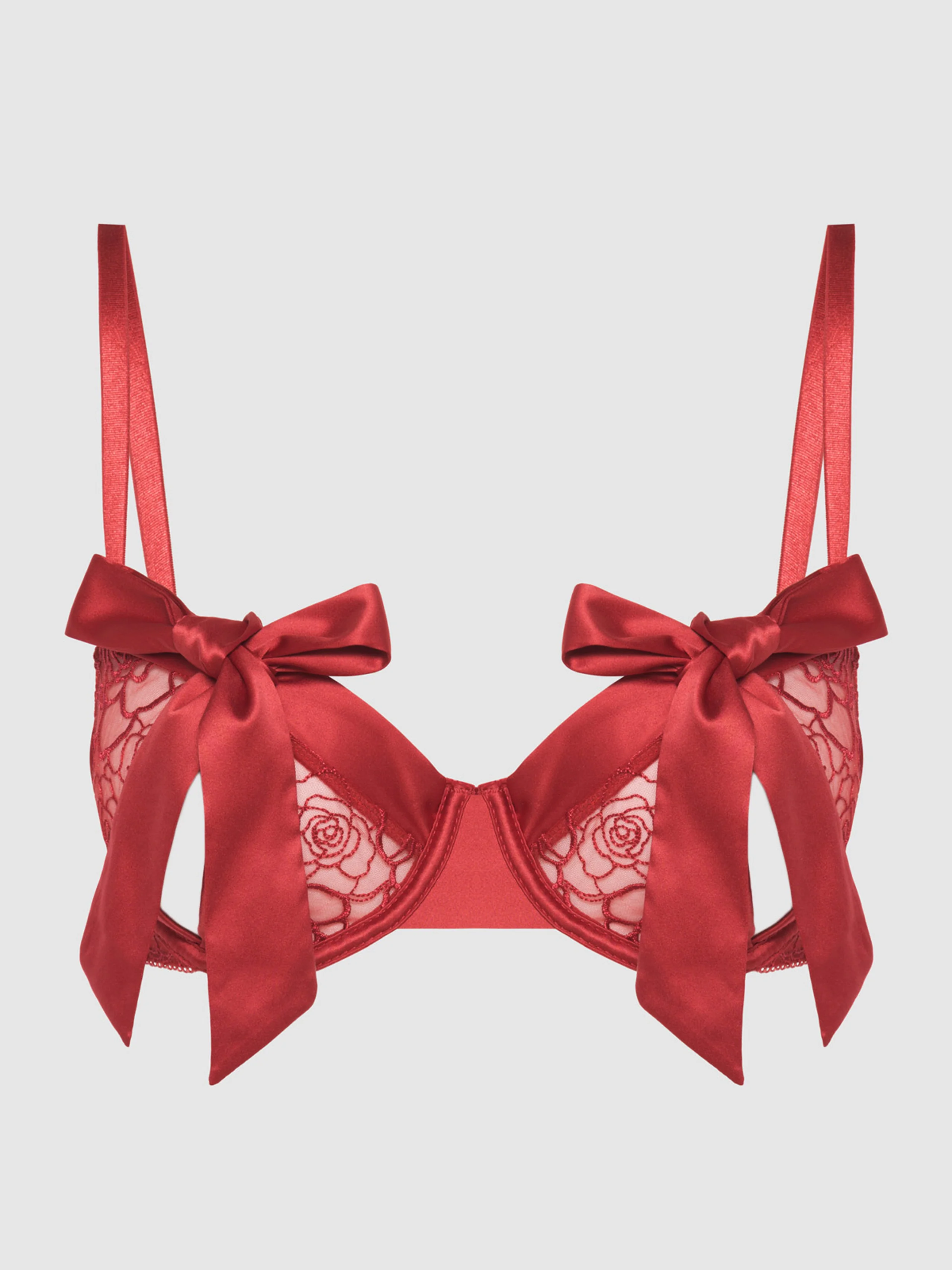 Melrose Satin Bow Tie Up Open Cup Bra in Crimson Red