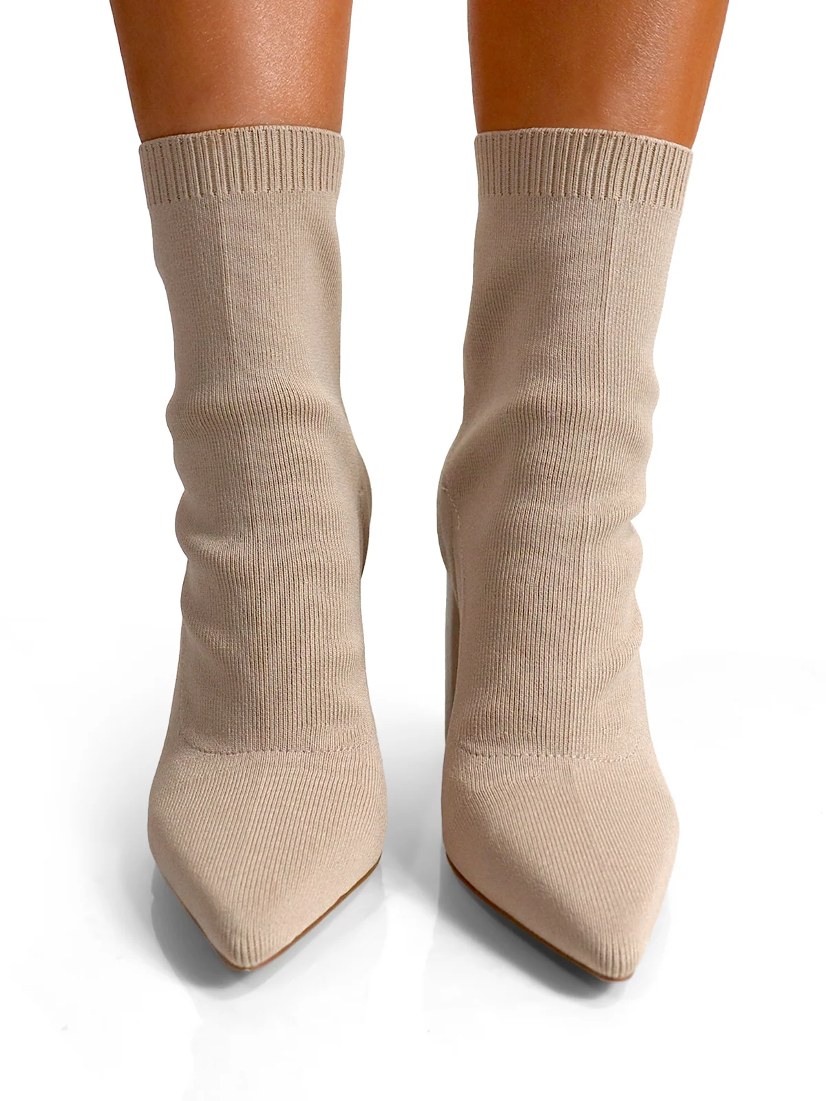 Patty Heeled Ankle Boots in Beige Knit with Stacked Heel
