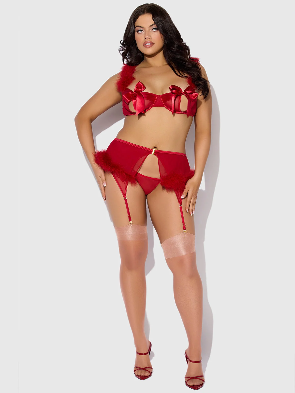 Scarlett Open Cup Marabou Bra, Garter and G-String Three-Piece Set