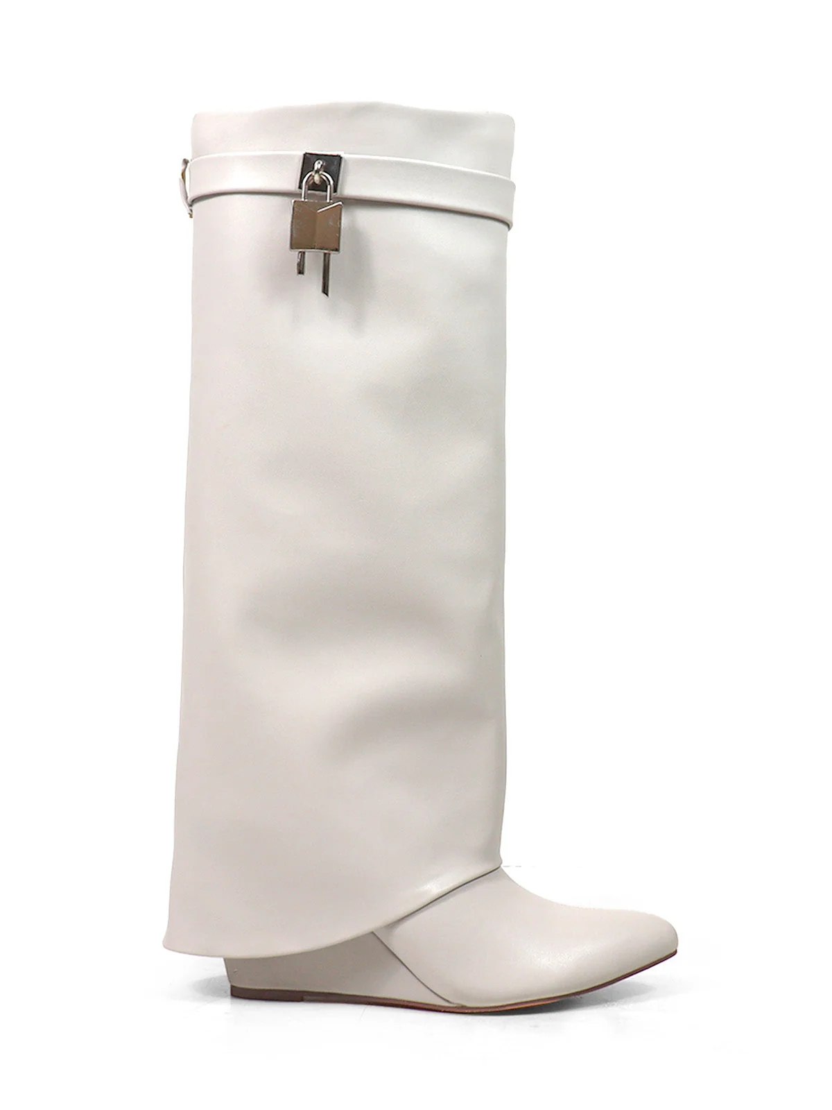Frederick's of Hollywood Maria Drape Over Knee Wedge Boots in Bone PU