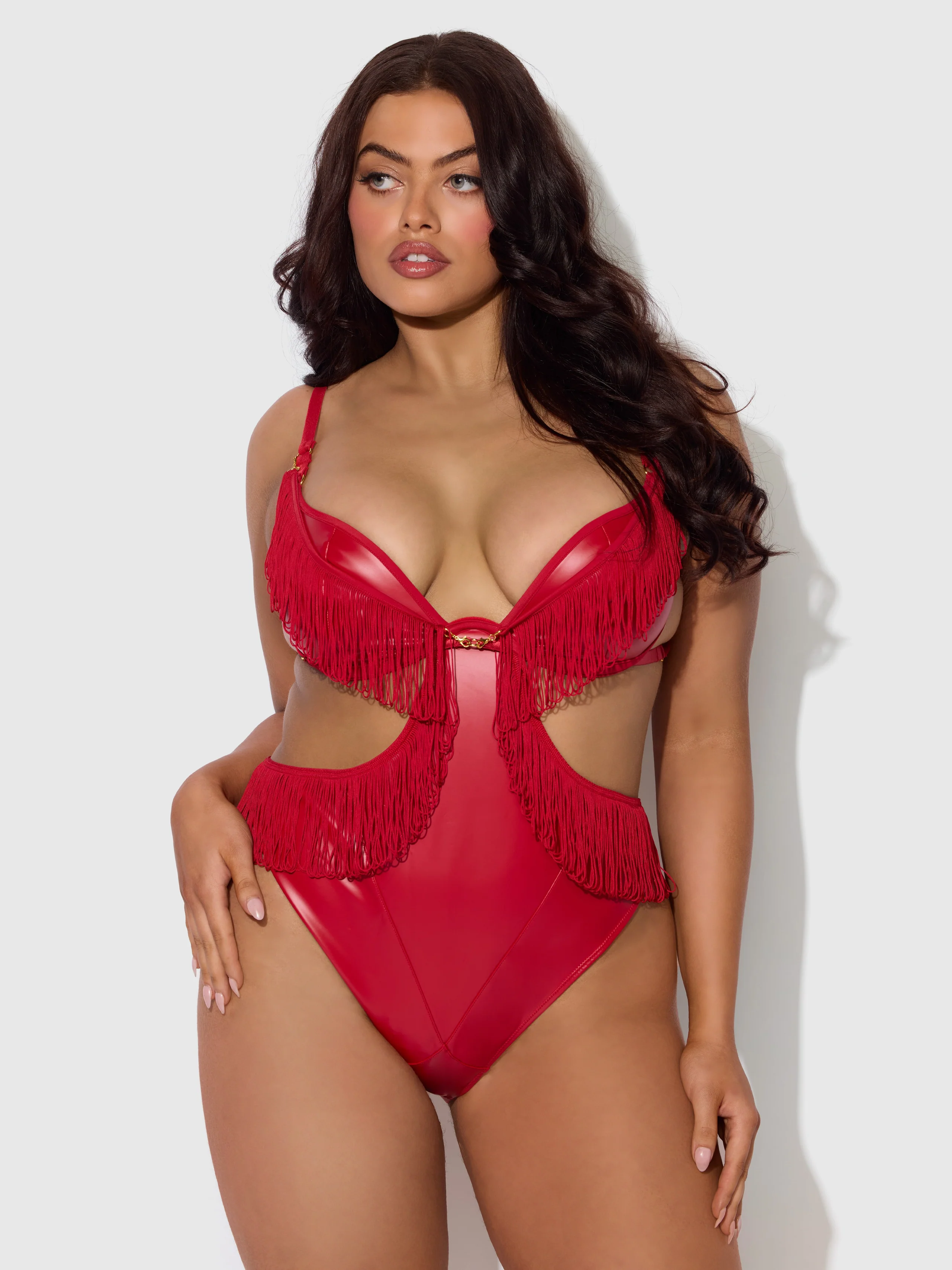 Hendrix Faux Leather & Fringe Crotchless Teddy in Crimson Red