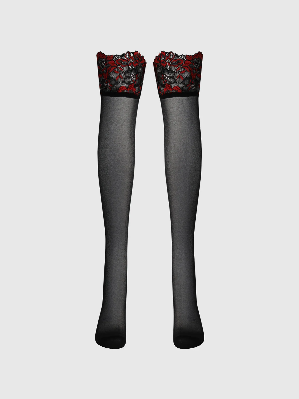 Glossy Cross Dye Lace Top Sheer Stay Up Thigh Highs in Black Crimson Red