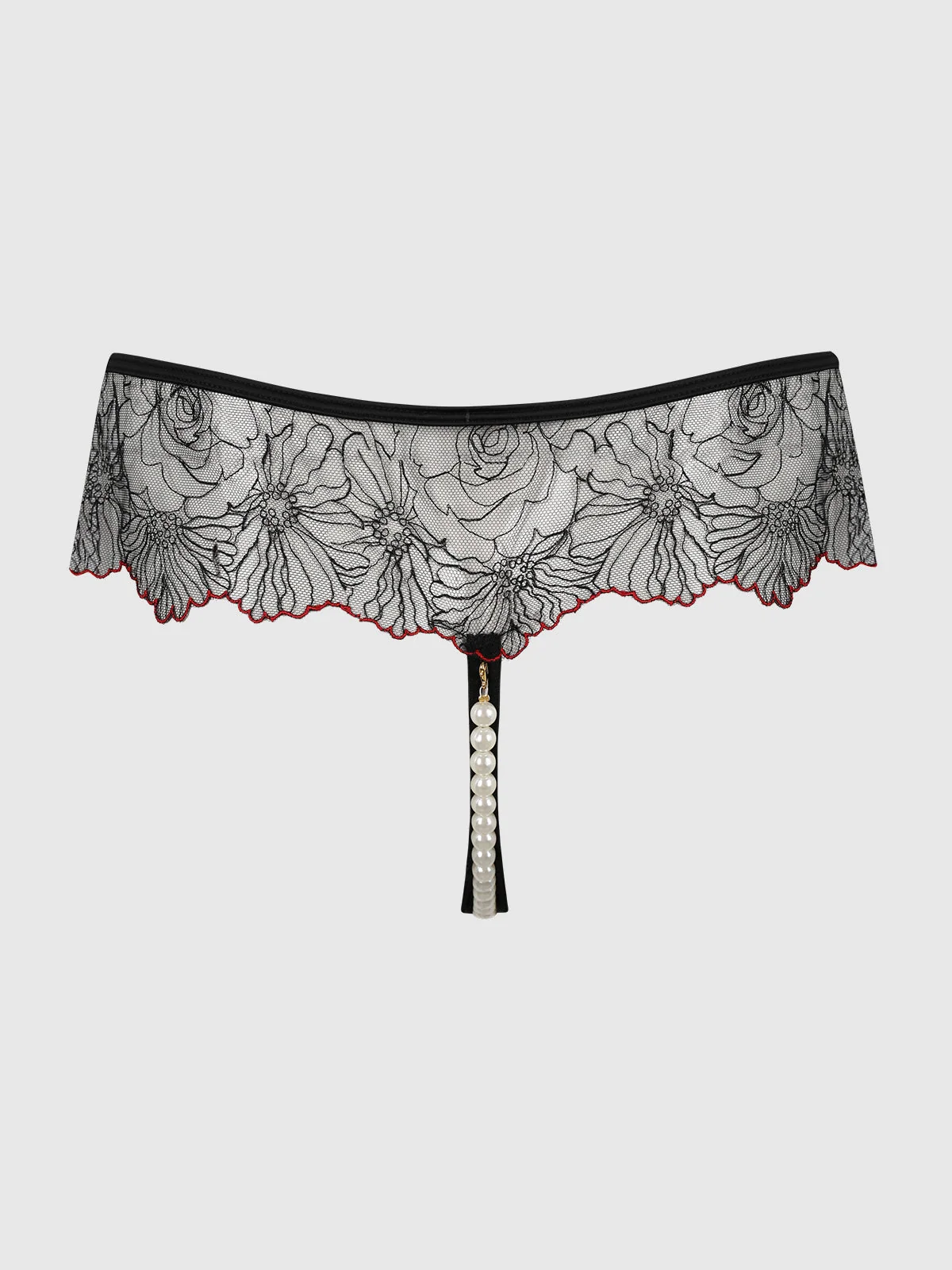 Ilaria Embroidered Tulle & Pearl Crotchless Thong in Black Crimson Red