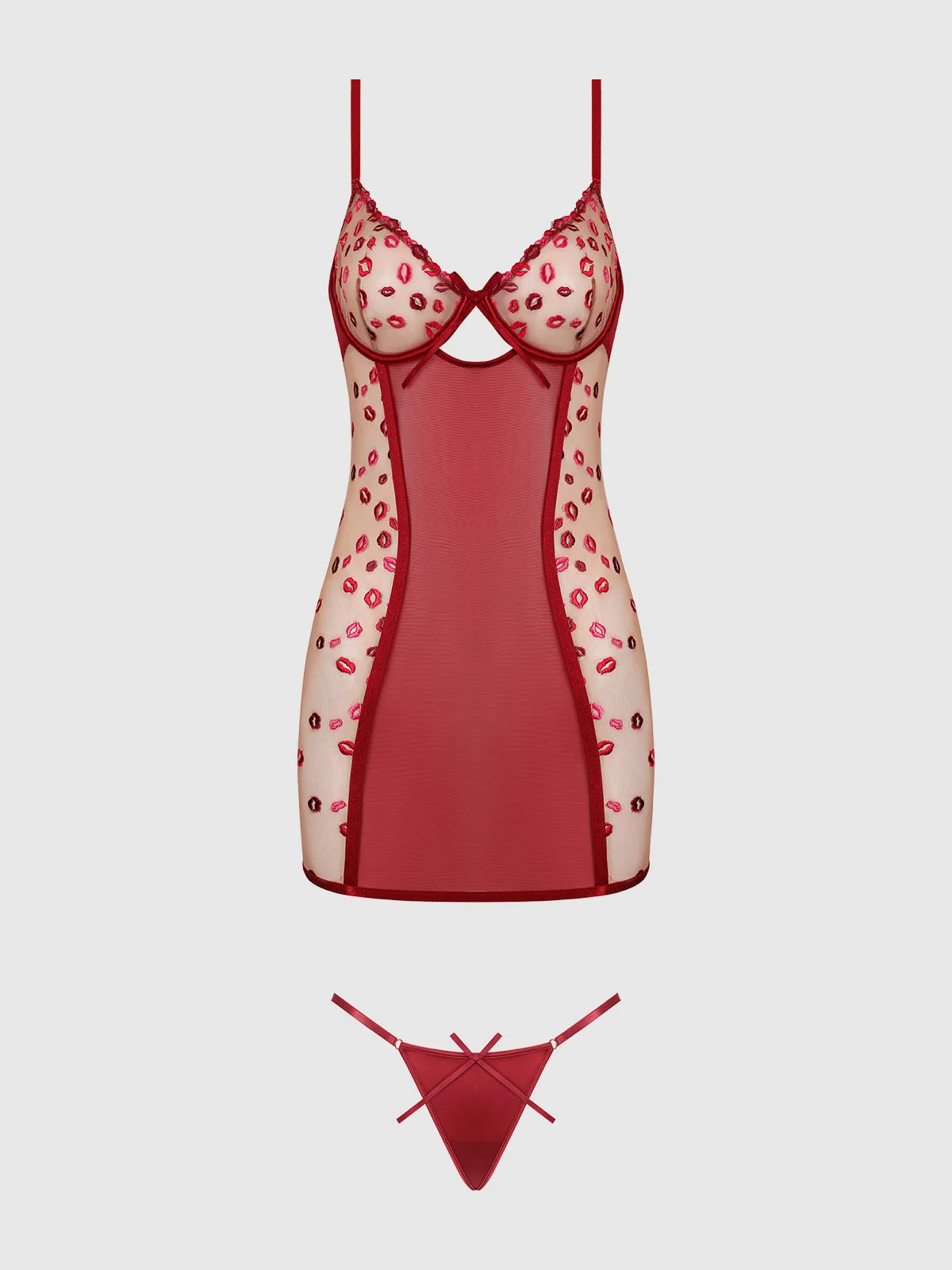 Angelica Lips Embroidery Open Bow Back Chemise Set
