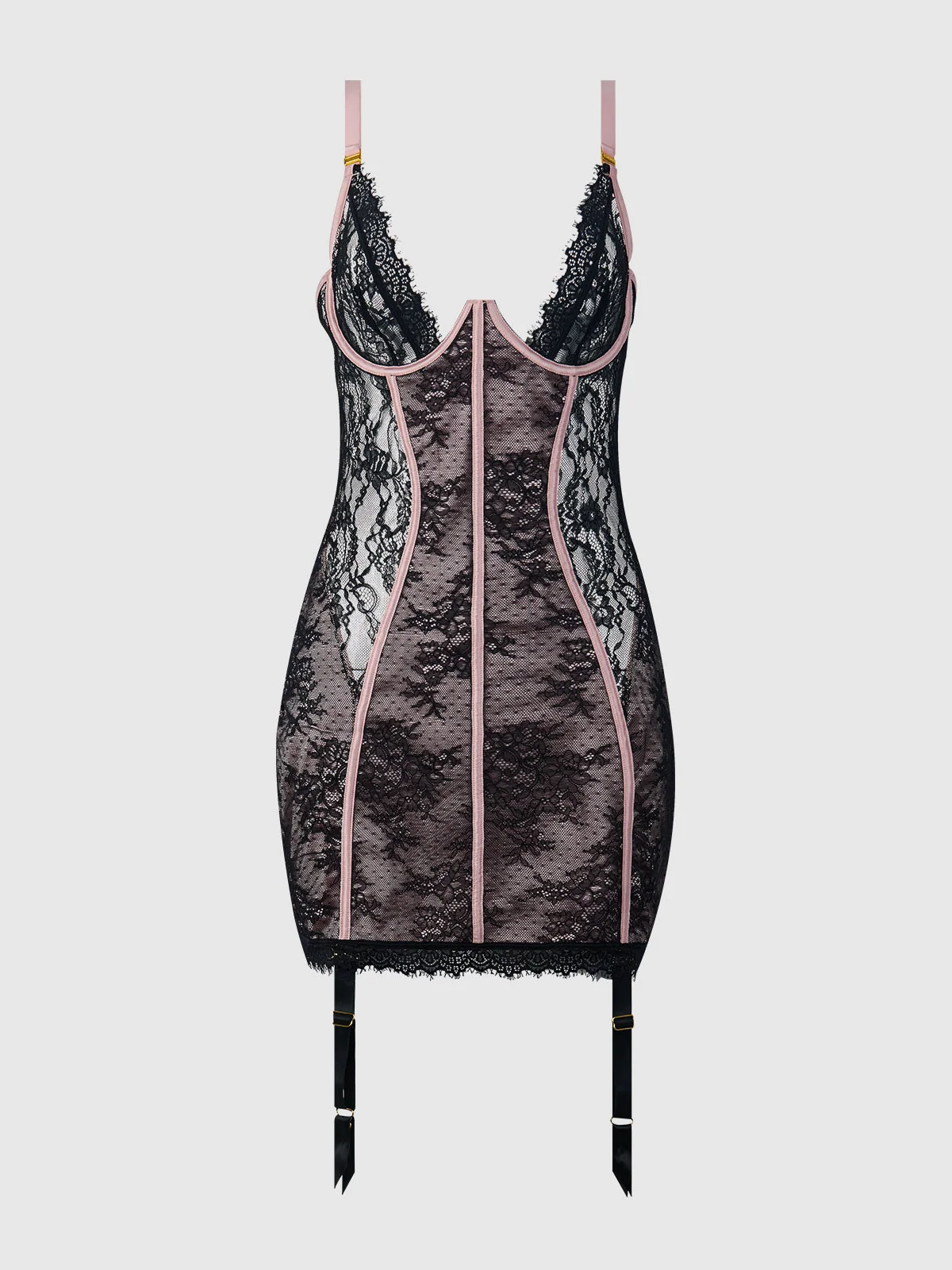 Rosalind Satin and Lace Underwire Chemise in Black and Light Pink