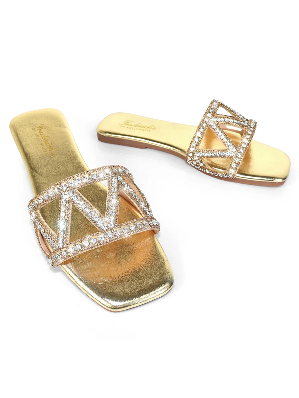 Lucy Rhinestone Flat Sandal in Gold with Square Toe