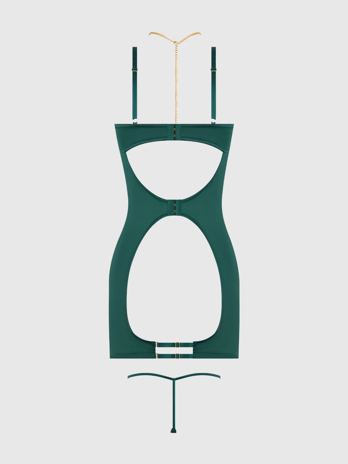 Emery Liquid Satin and Chain Open Cup Back Chemise Set in Emerald