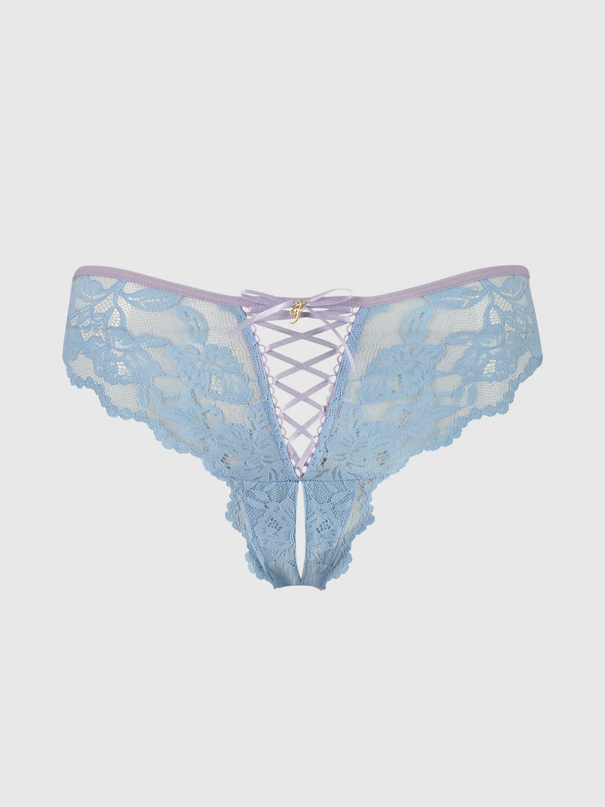 Mabel Lace Up Front Crotchless Tanga in Lavender Blue