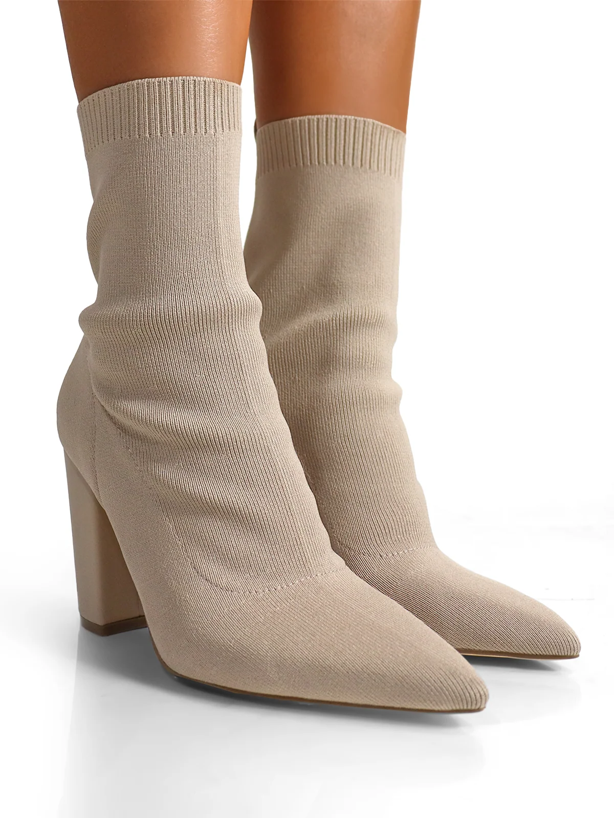 Patty Heeled Ankle Boots in Beige Knit with Stacked Heel