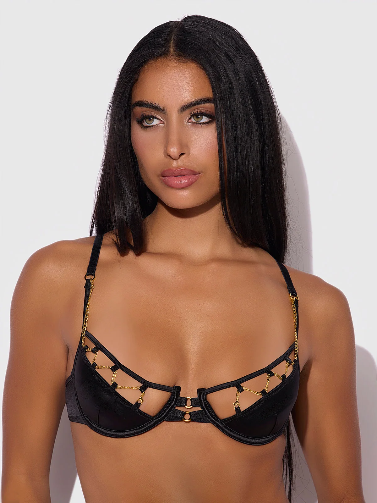 Emery Liquid Satin and Chain Bra in Black