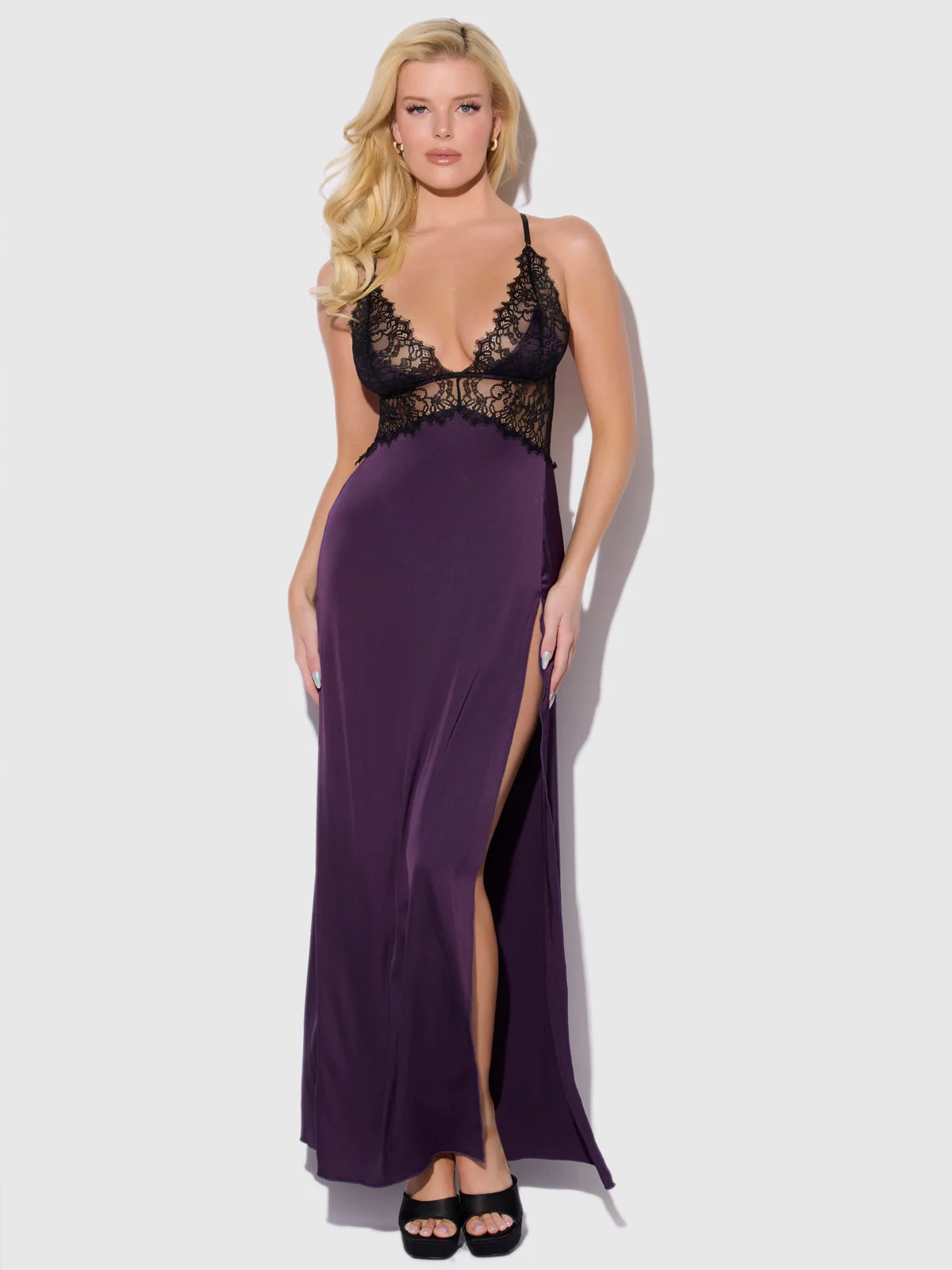 Rosalind Satin & Lace Long High Slit Gown in Purple Black