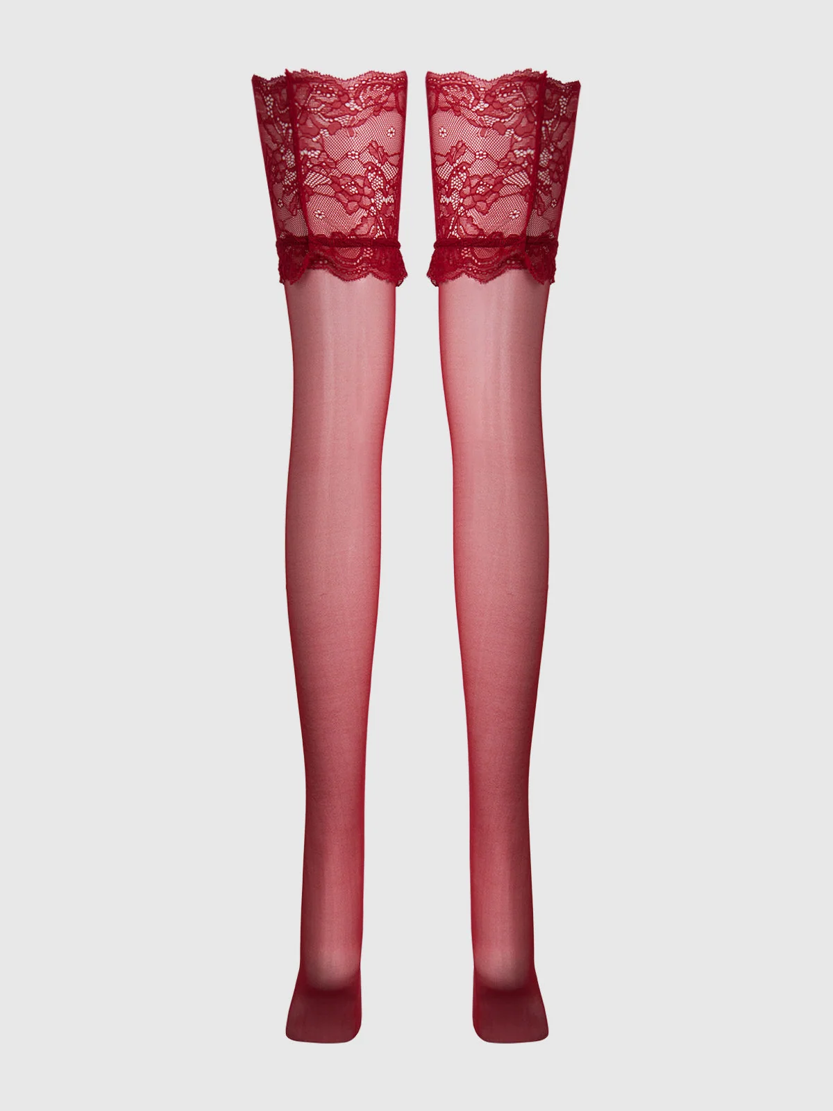 Frederick's of Hollywood Thigh High Sheer Stayups With Tall Lace Band in Crimson Red