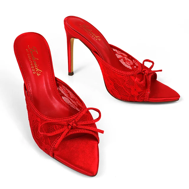 Lacey Pointed Toe Lace Bow Heels in Red
