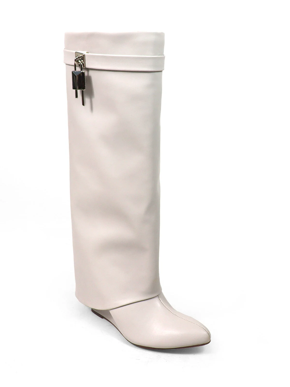 Frederick's of Hollywood Maria Drape Over Knee Wedge Boots in Bone PU