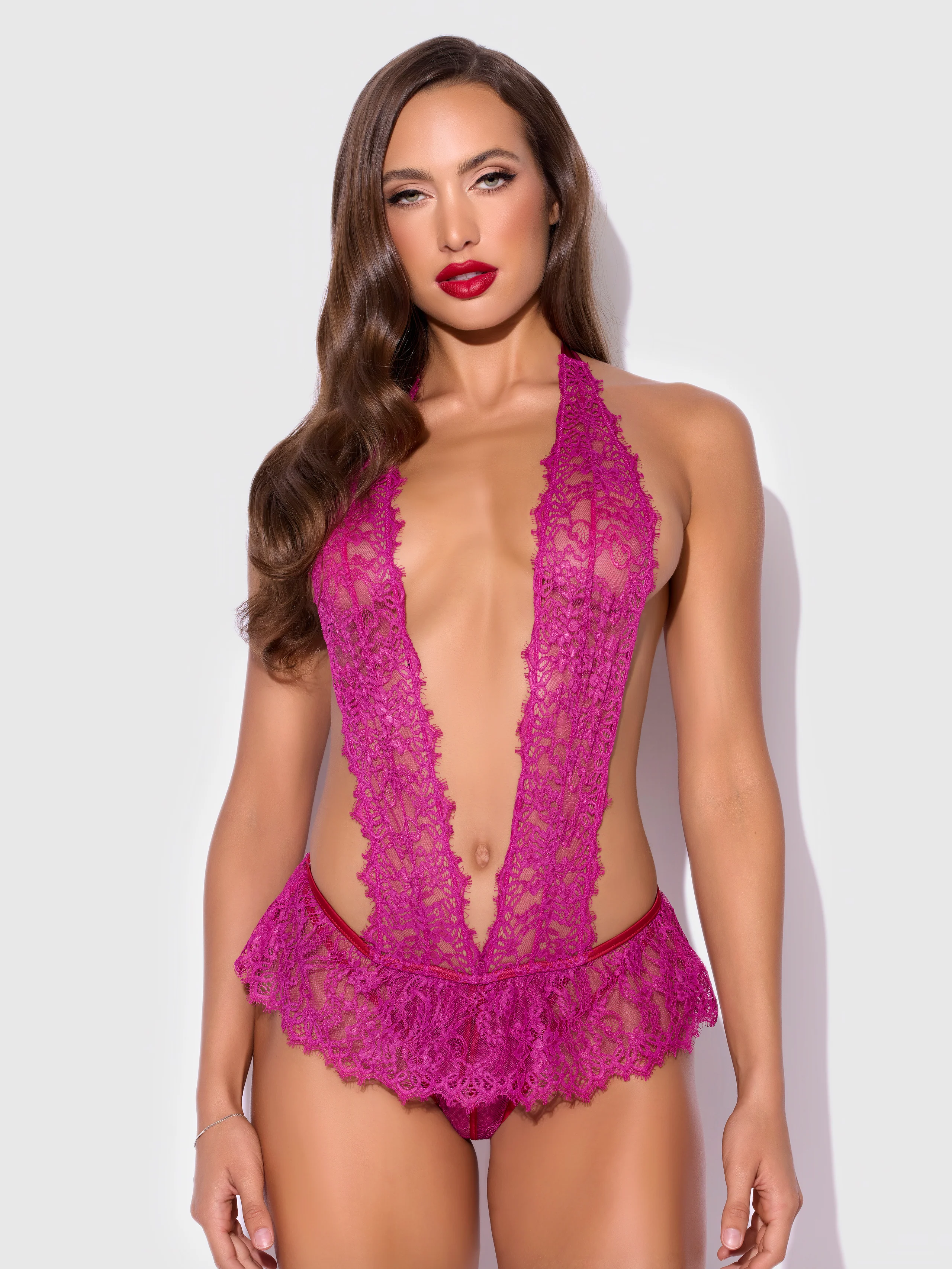 Rosalind Lace Crotchless & Pearl Teddy in Crimson Red Raspberry