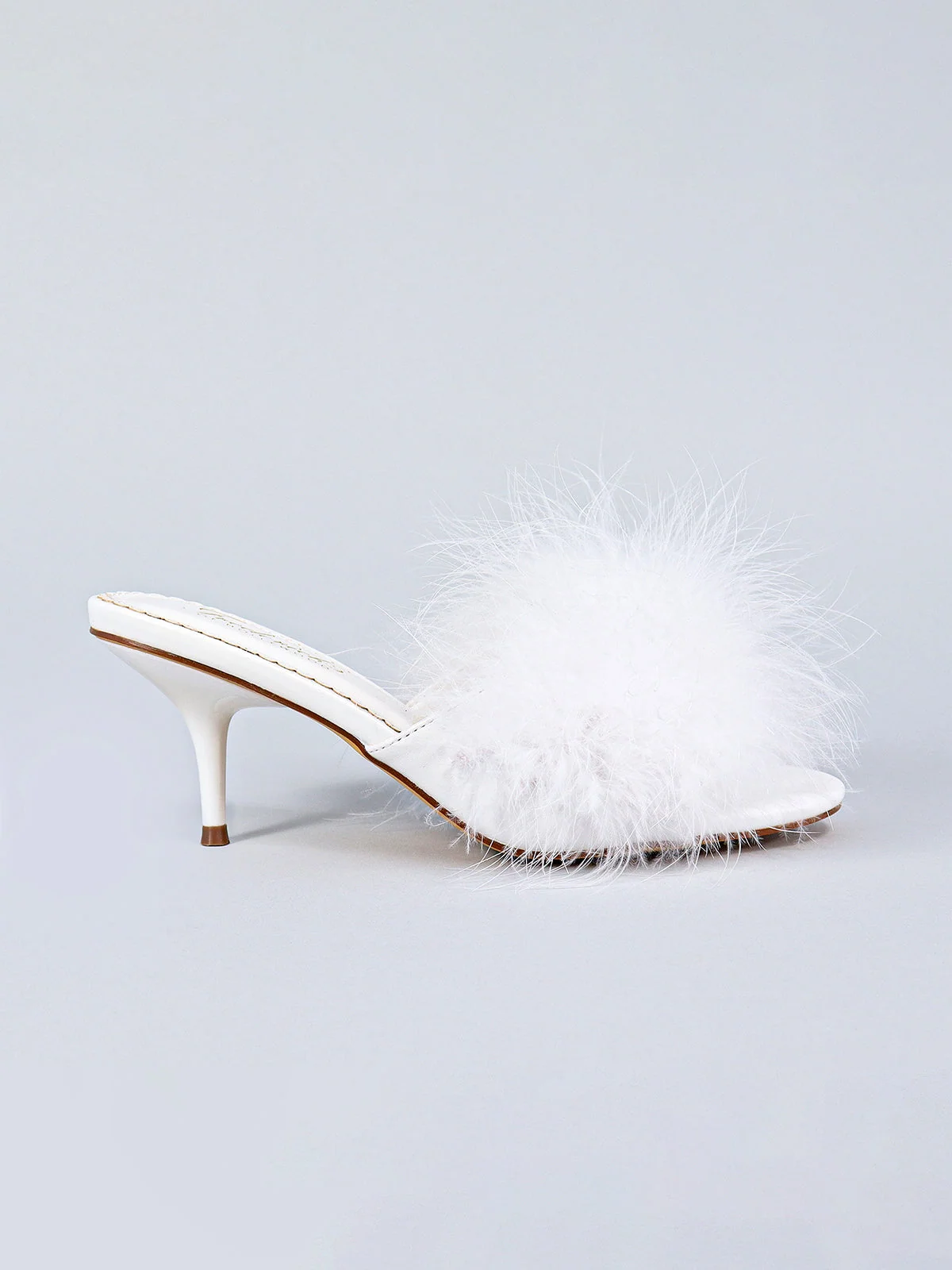 Luxor Feather Mule in White Kitten Heel