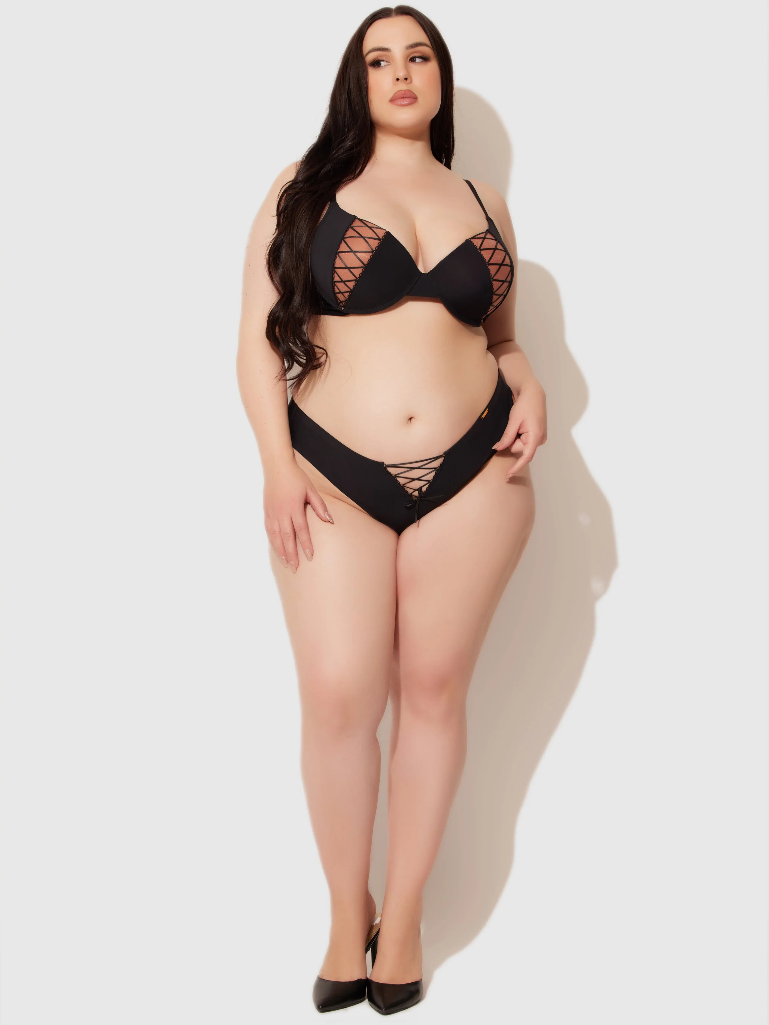 Natalia Micro Lace Up Front Thong in Black