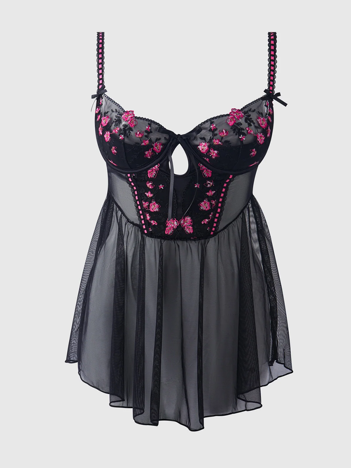 Harlow Embroidered Mesh Longline Babydoll in Black Pink Dragon