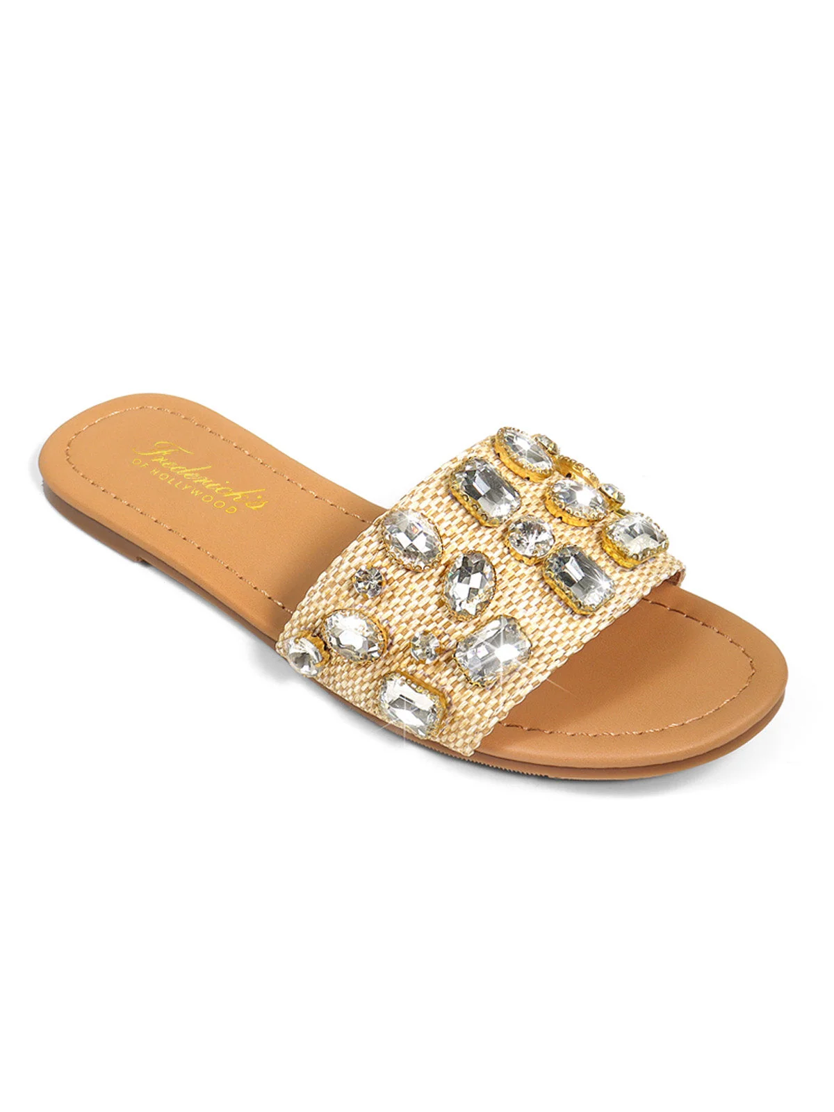Delilah Open-Toe Flat Sandal with Rhinestones and Raffia Texture