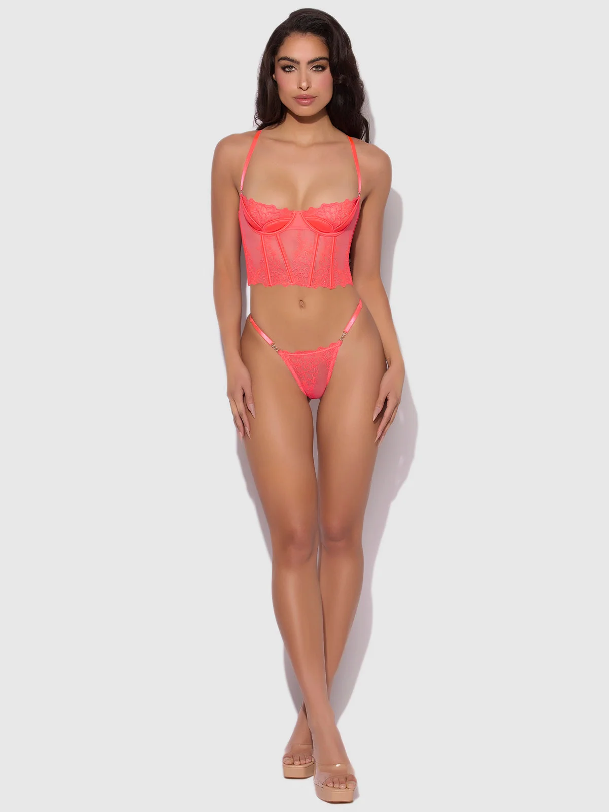 Wren Embroidered Crotchless Thong with Side Sliders in Coral