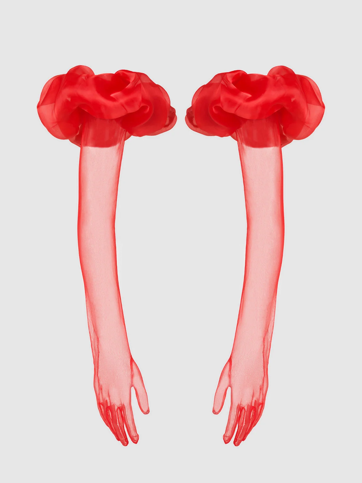 Chiffon Long Glove With Puff Detail in Crimson Red