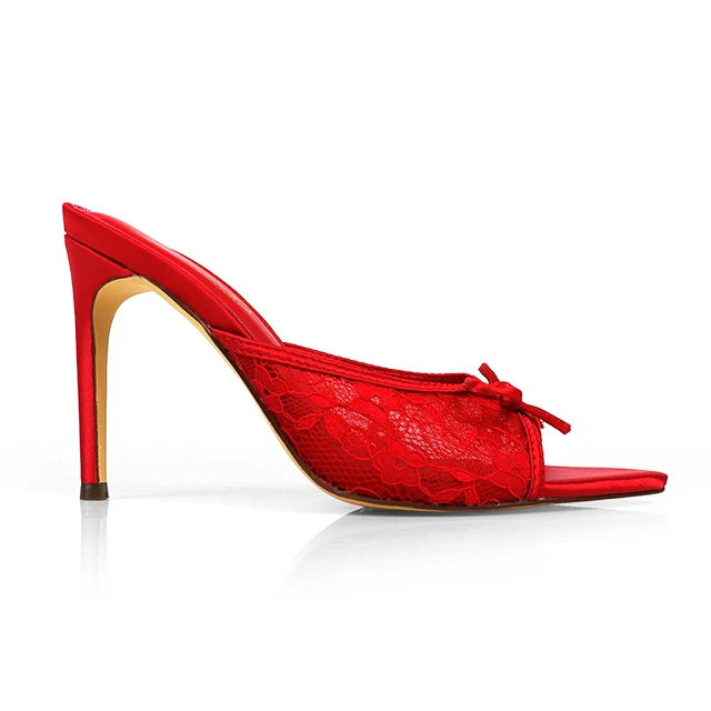 Lacey Pointed Toe Lace Bow Heels in Red