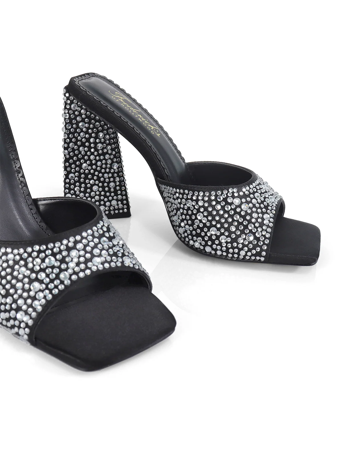 Darlene Mule Satin Rhinestone Heels in Black