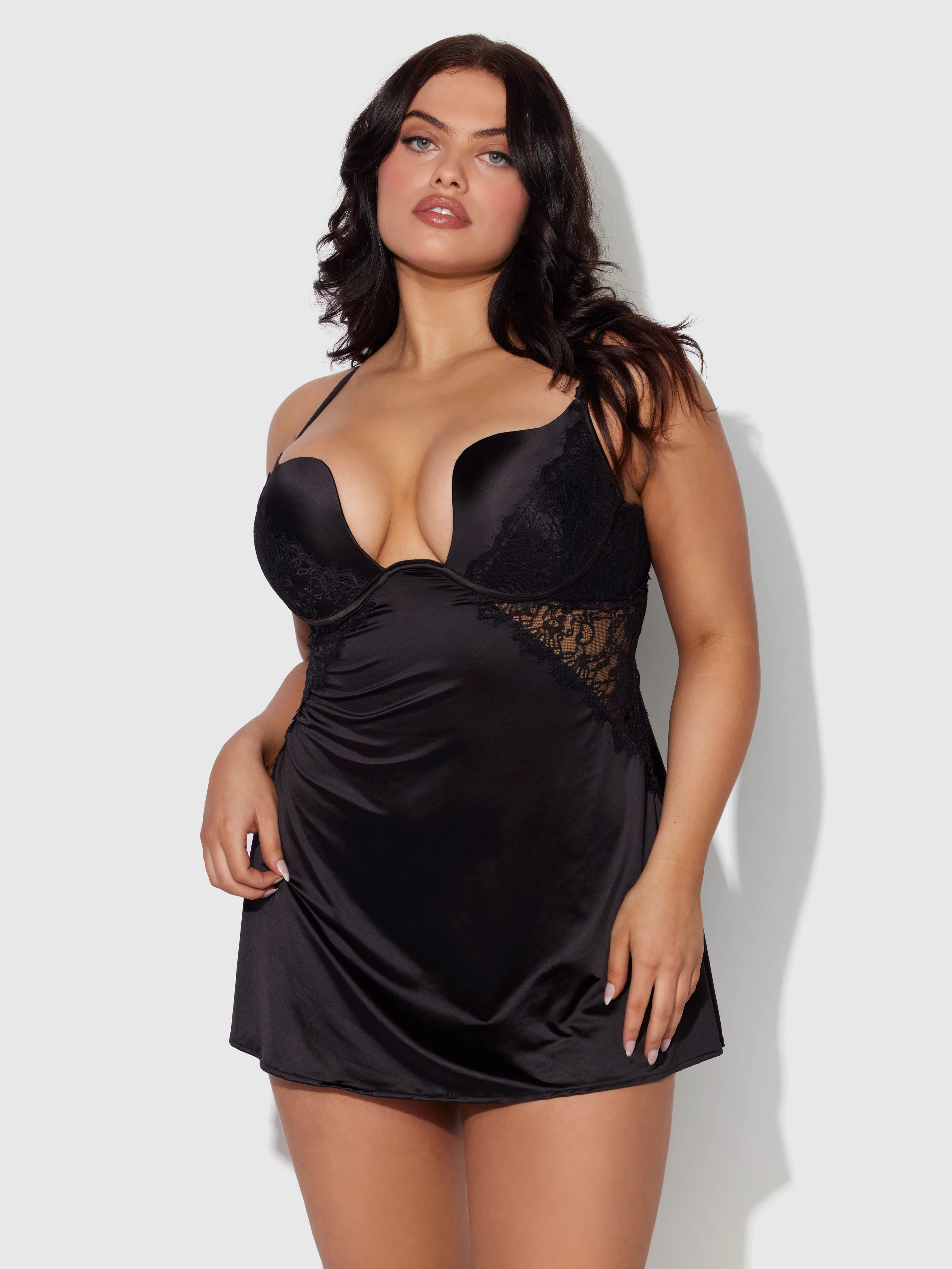 Rising Star Plunge Push Up Babydoll in Liquid Satin and Lace