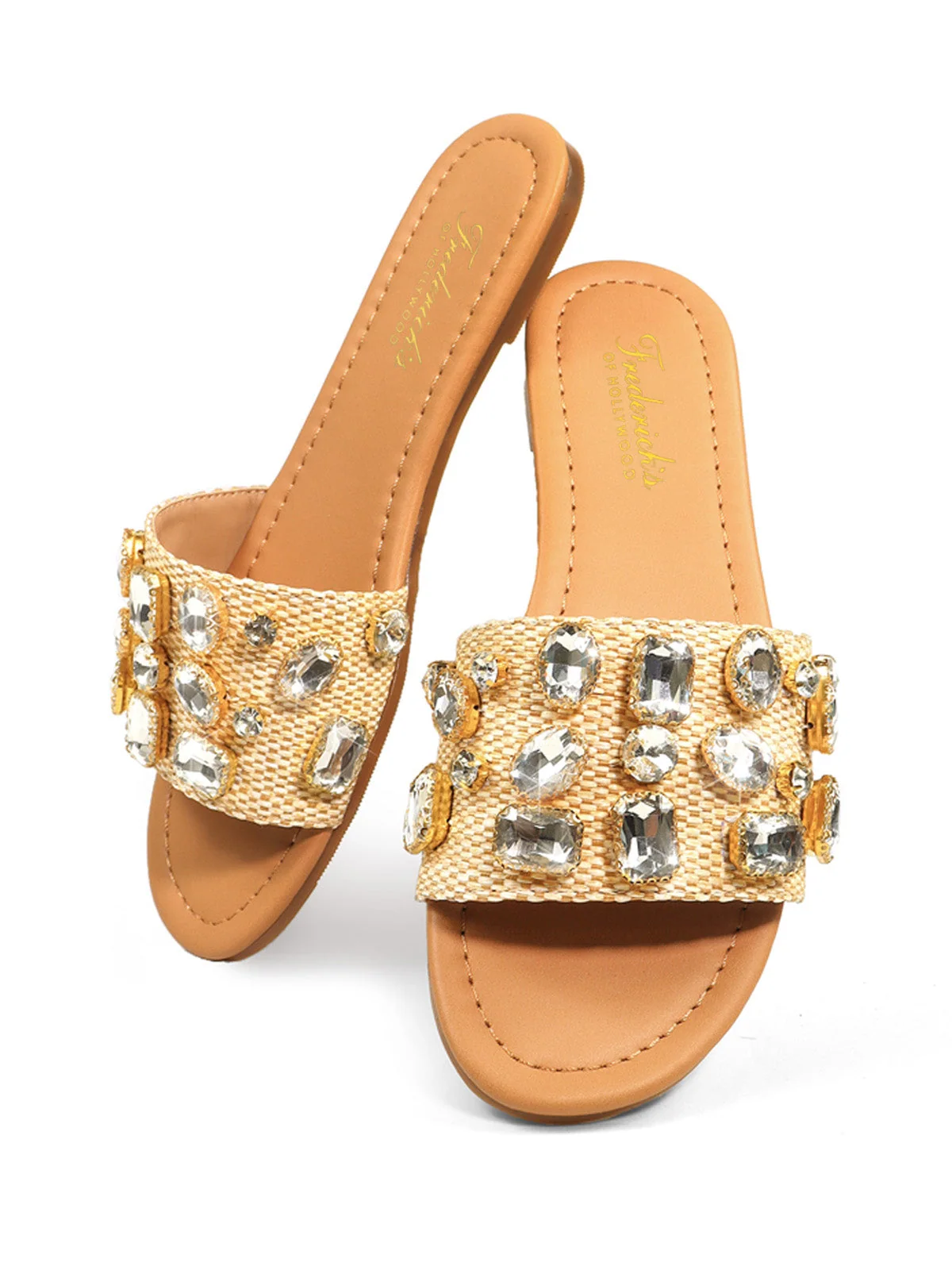 Delilah Open-Toe Flat Sandal with Rhinestones and Raffia Texture