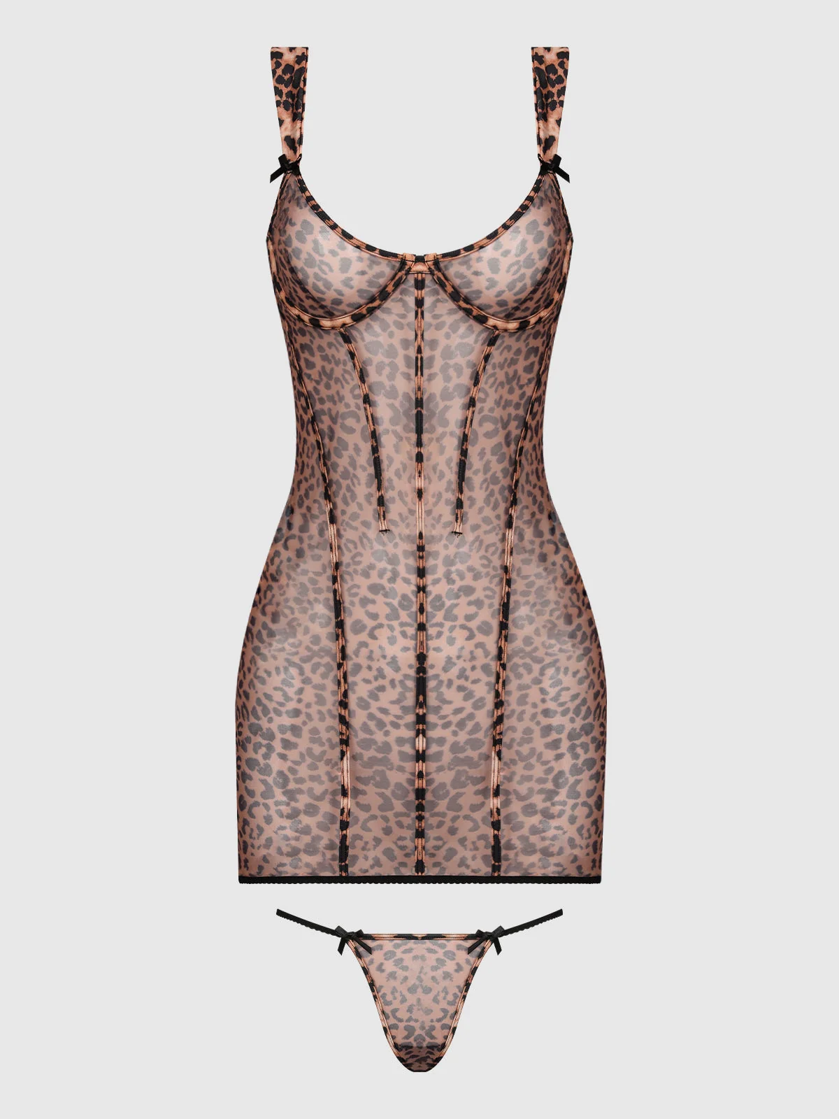 Kaia Leopard Mesh Underwire Chemise & G-String Set
